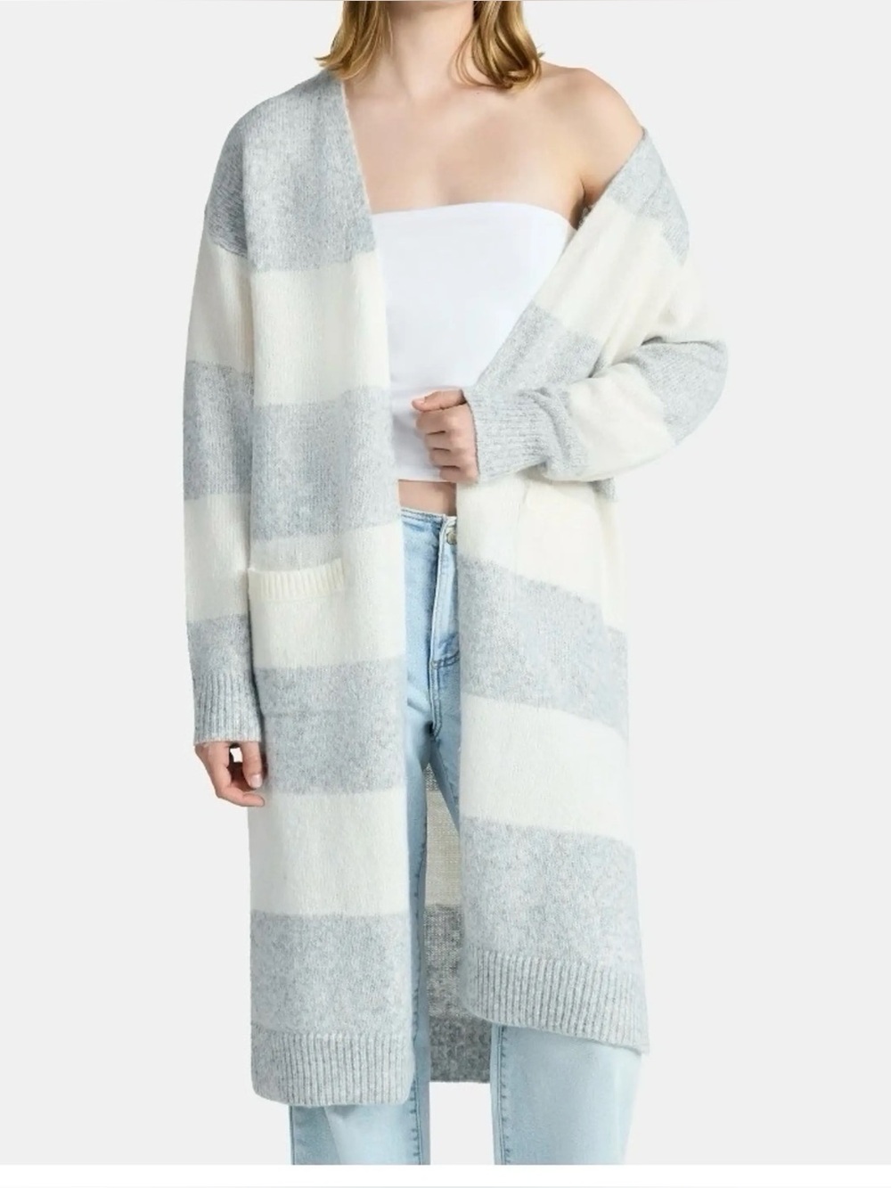 No Boundaries Striped Open Front Duster Cardigan Grey White XS Cozy Soft Long